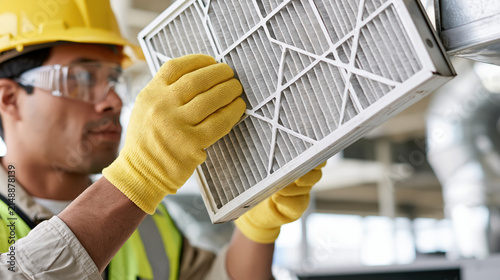 Technician cleaning air ventilation filter with gloves in industrial building, focused maintenance work