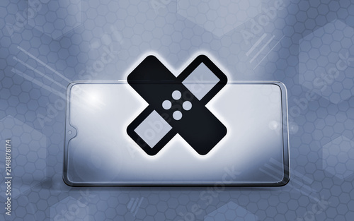 Smartphone 3D con icono de tirita brillante, concepto de reparación de dispositivos móviles, servicio técnico digital, mantenimiento y solución de fallos técnicos.