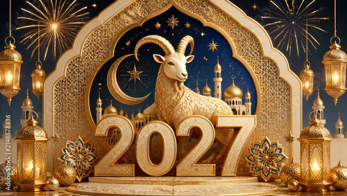 Golden goat with crescent moon and 2027 numerals in ornate Islamic archway with mosques lanterns and fireworks celebrating new year festive concept
