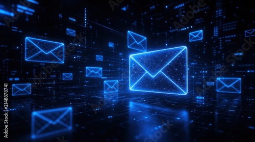 Digital blue email icons float in a futuristic data space, representing communication and information exchange in a high-tech environment.