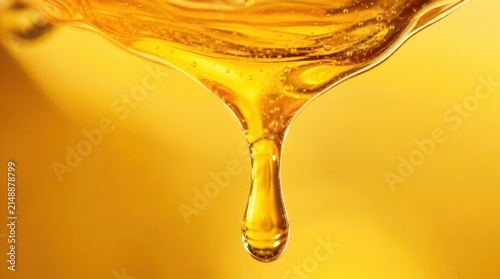 Golden honey droplet suspended mid-air against a warm, blurred yellow background.