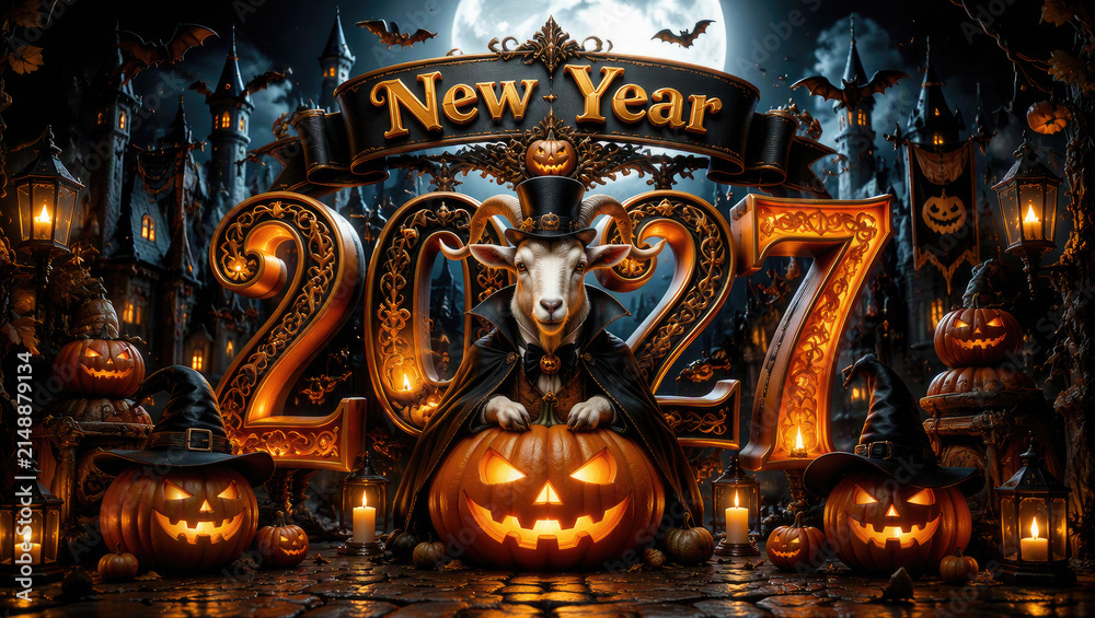 Fototapeta premium New Year 2027 Dark Fantasy Halloween Celebration with Glowing Jack O Lanterns and Goat Demon Surreal Concept