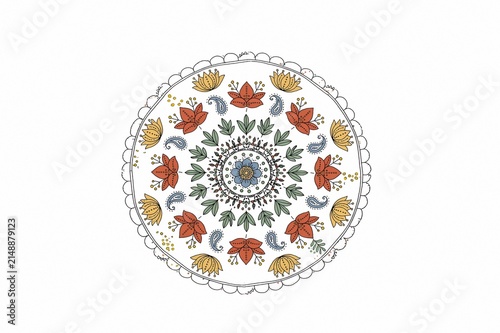 Hand drawn boho floral mandala isolated on white background with terracotta sage mustard colors