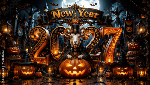 New Year 2027 Dark Fantasy Halloween Celebration with Glowing Jack O Lanterns and Goat Demon Surreal Concept