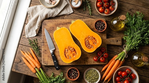Freshly carved butternut squash halves on rustic wooden cutting board with autumn ingredients