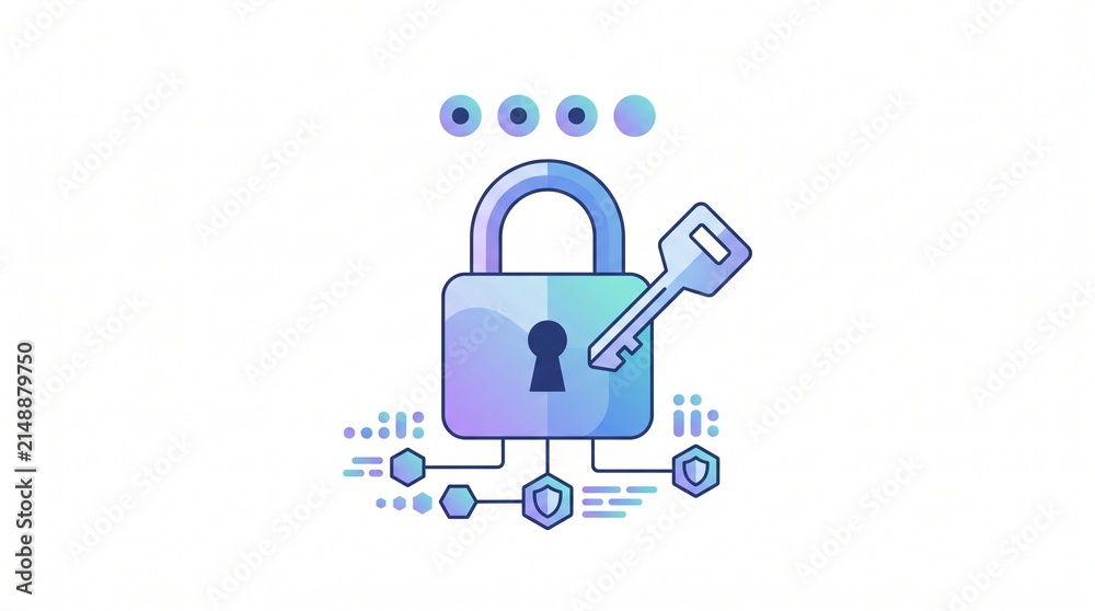 Fototapeta premium Digital security concept illustration with a padlock and key icon.