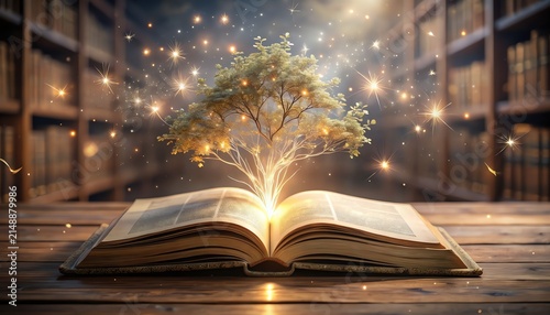 Magical tree grows from book, sparkling lights, library background, symbolizing imagination, wisdom, fantasy, and the magic of reading and knowledge.