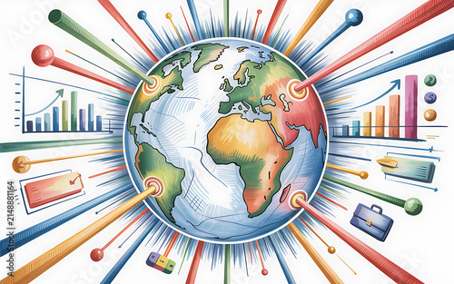 Colorful digital globe world map with connected lines and business charts for global network communication and data analytics concept illustration
