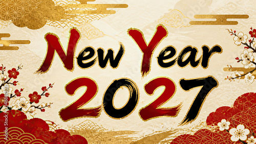 New Year 2027 festive greeting card with red and gold Asian inspired design featuring ornamental flowers and traditional patterns celebrating the concept of new beginnings and prosperity