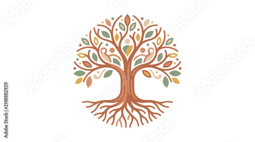 Stylized Tree of Life with Roots and Leaves, Circle Emblem, Organic Design