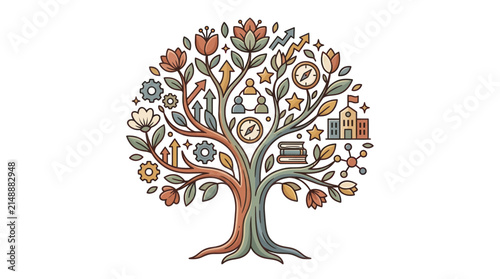 Tree of Knowledge and Growth: Education, Business, Science Icons