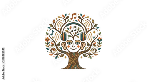Tree of Music: Face, Headphones, Musical Notes, Nature, Harmony