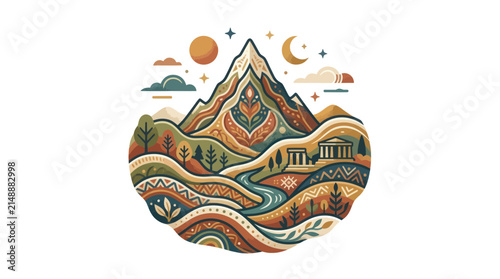 Stylized Mountain Landscape with Ancient Ruins and Celestial Elements