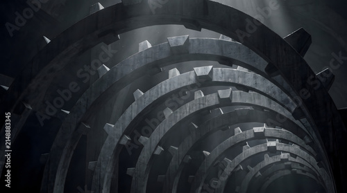 Close-up dramatic perspective of a massive fractal concrete structure resembling a skeletal spine, with recursive geometric forms receding into shadow.