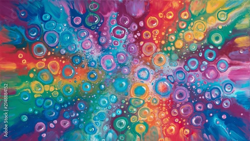 Vibrant Rainbow Acrylic Painting with Dynamic Abstract Fluid Bubbles and Splashes