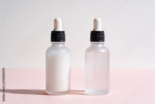 Skincare bottles unbranded on a pastel pink background