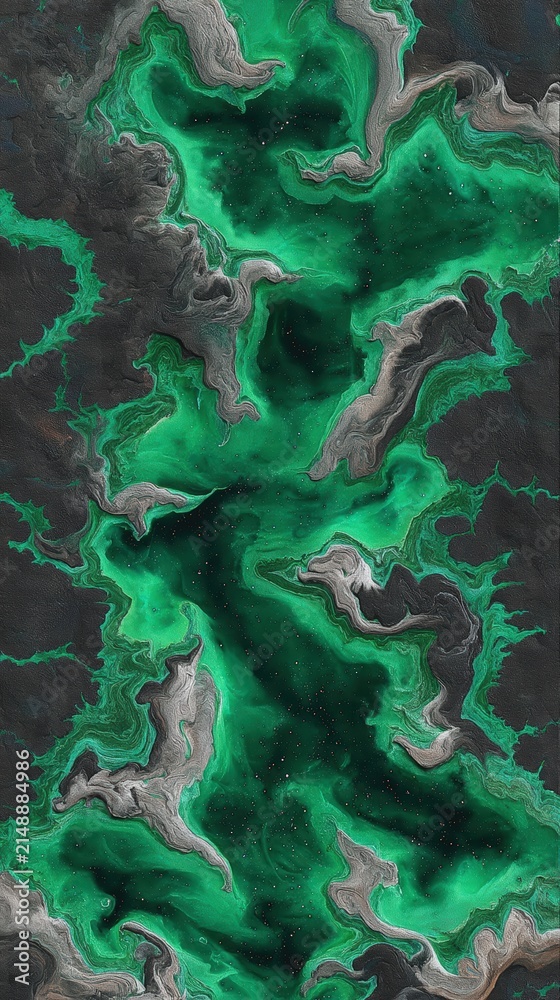 Fototapeta premium Abstract fluid art with green and charcoal grey marbled textures