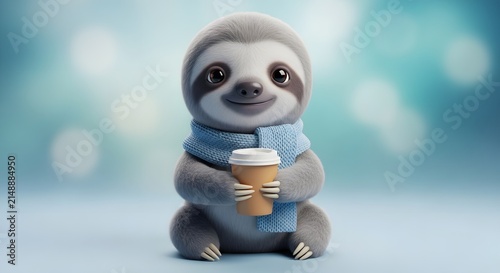 Cute cartoon sloth wearing a blue shirt holding a cup of coffee