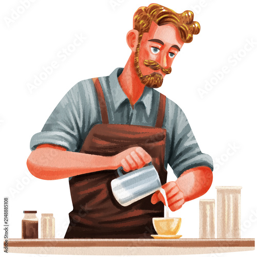 a male barista pouring milk into a cup of coffee