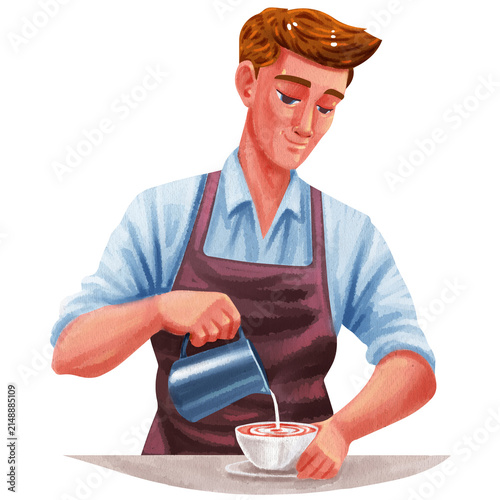 a male barista pouring milk into a cup of coffee