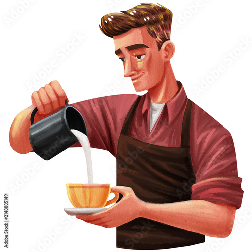 a male barista pouring milk into a cup of coffee
