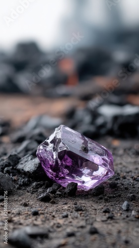 A single sparkling purple crystal resting on dark volcanic rock surface