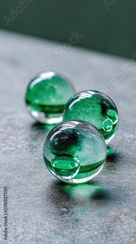 Abstract green glass spheres on textured dark stone surface