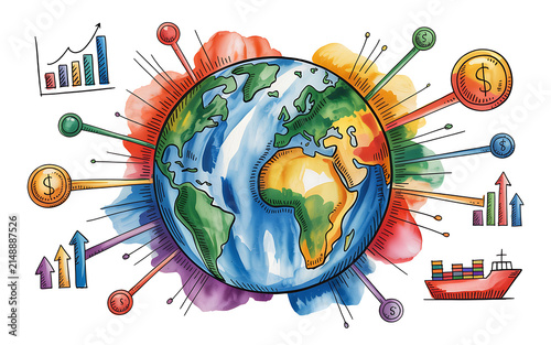 Colorful watercolor illustration of planet earth showing global business connectivity with digital network icons and creative data charts for international communication and logistics concepts