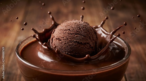 A scoop of delicious chocolate ice cream falling into a bowl of liquid chocolate