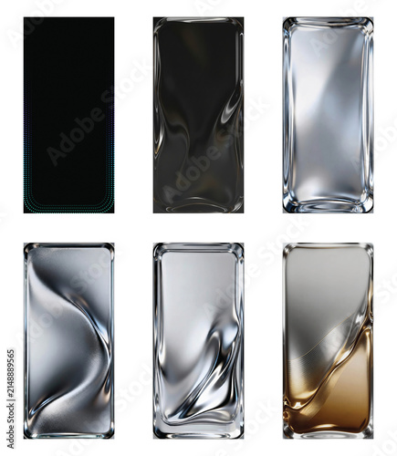 Metallic liquid textures set, 6 abstract chrome and glass panels. Glossy silver and gold fluid backgrounds for luxury branding.