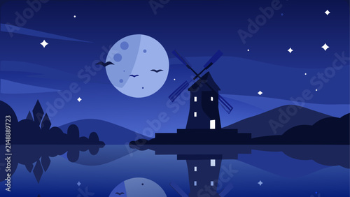 Night scene with windmill and full moon view
