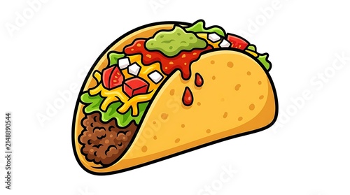 Delicious crunchy taco filled with seasoned beef fresh lettuce cheddar cheese guacamole and red salsa isolated art on white background