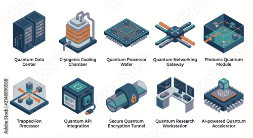 Collection of Isometric Icons Representing Quantum Computing Technologies and Concepts.