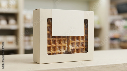 Packaging Mockup for Waffles in Cardboard Box with Blank Label on Retail Counter Background