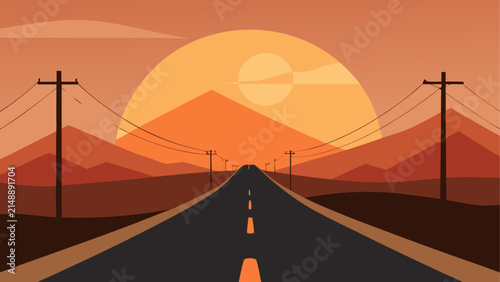 A road leading towards mountains at sunset