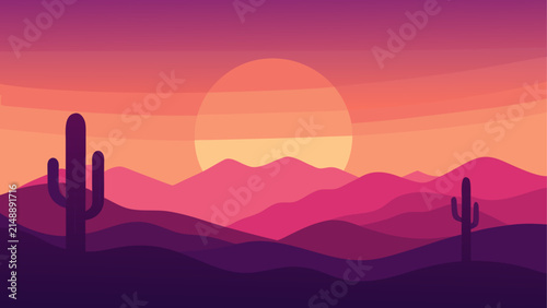 Sunset over desert landscape with cactus