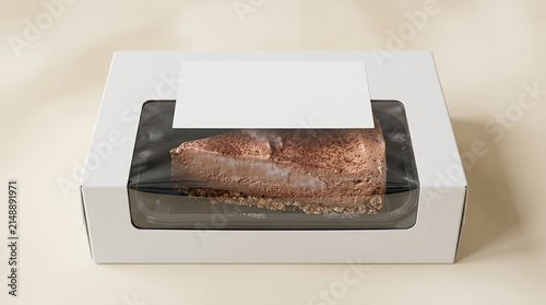Minimalist 3D Render of Chocolate Cake Slice in White Cardboard Packaging Box with Blank Label and Window