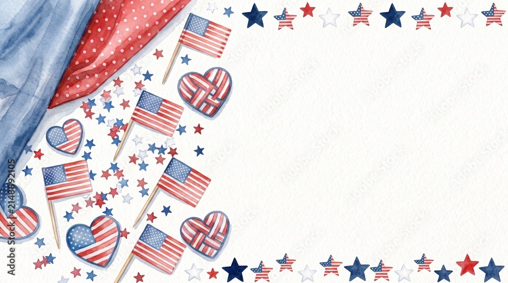 Fototapeta premium Watercolor patriotic background with american flags and hearts with denim fabric texture for independence day celebration
