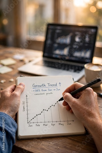 Notebook Chart Tracking User Growth Trend Over Six Months