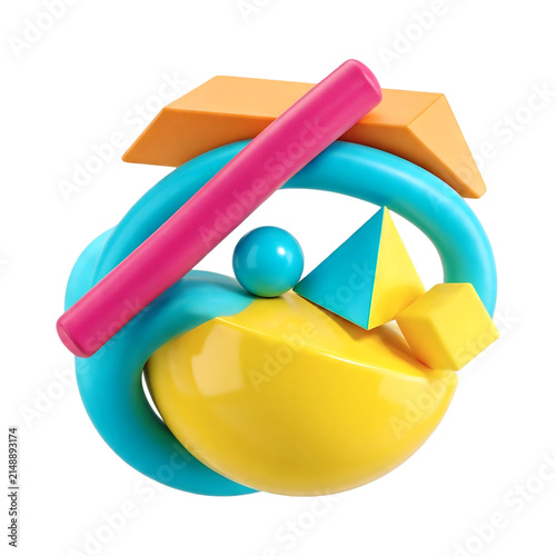Surreal Playful Abstract Geometric Shapes Collection, Bold Colorful 3D Design Elements Isolated on Transparent Background
