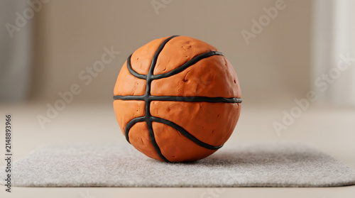 A small, orange basketball with black lines resting on a light grey mat in a soft-focus setting.