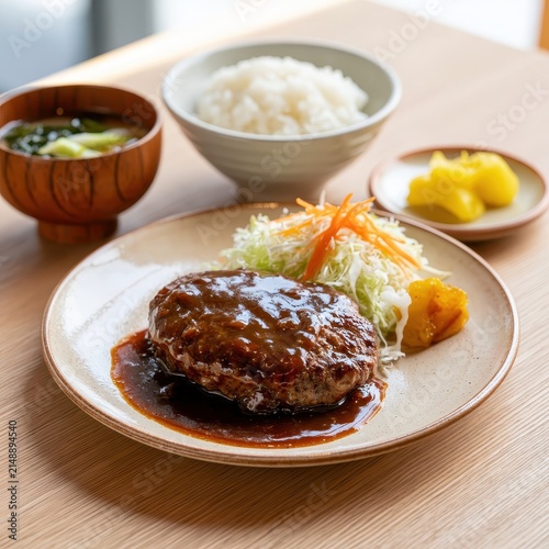 japanese hamburg steak with rice and miso soup