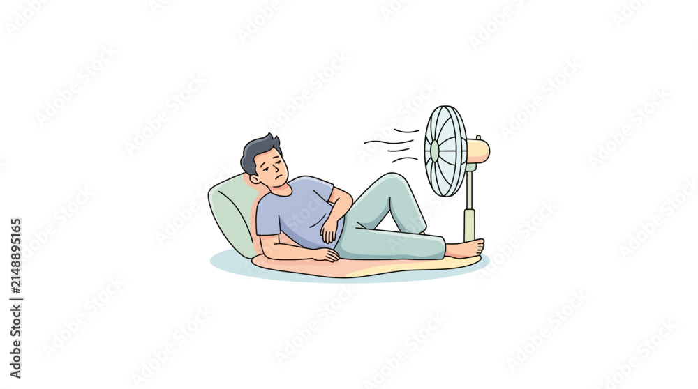 Fototapeta premium Man relaxing in front of a fan on a hot day