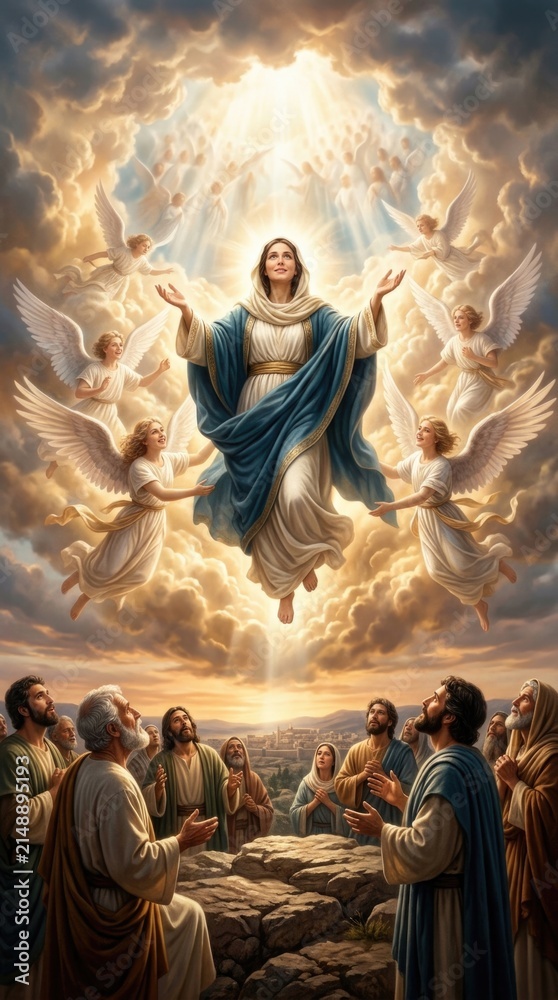 Obraz premium Heavenly Mary departure: Assumption event, divine ascension, angelic escort, holy witness, apostle prayer, miraculous elevation, glorious transit, celestial cloud, spiritual rapture, golden light.