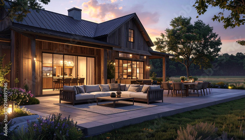Luxury Modern Rustic Farmhouse Exterior with Spacious Stone Patio and Cozy Lounge Area at Sunset