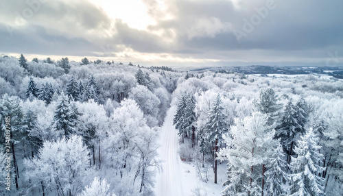 Aerial View of a Snow Covered Forest Road with Frosty Trees under a Dramatic Winter Sky at Sunrise