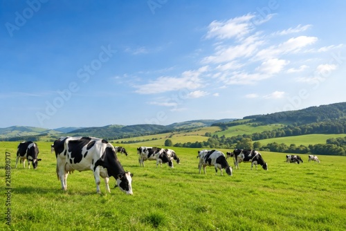 Herd of Holstein dairy cows grazing on green rolling hills under sunny sky.