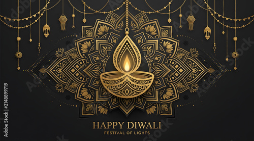 Elegant golden diya lamp with intricate mandala patterns and hanging decorations on a dark black background for the traditional indian festival of happy diwali