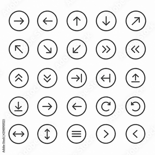 Set of black thin line arrow icons in circles isolated on white background
