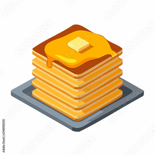 Stack of fluffy pancakes with melting butter and syrup on a dark plate